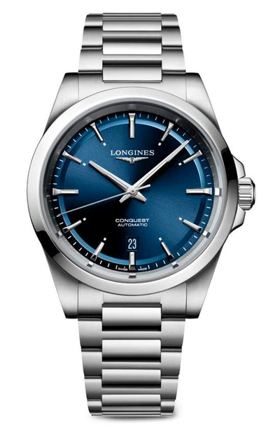 Longines Men's Swiss Automatic Conquest Stainless Steel Bracelet Watch 41mm In Blue