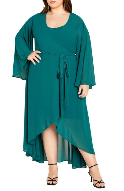 City Chic Fleetwood Long Sleeve Chiffon Wrap Dress In Alpine