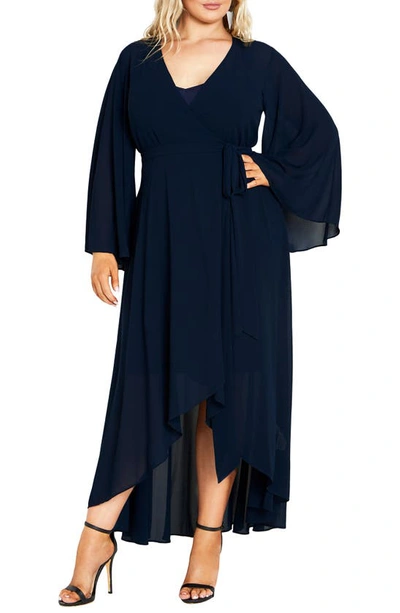 City Chic Fleetwood Long Sleeve Chiffon Wrap Dress In True Navy