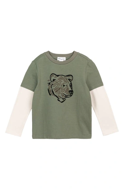 Miles The Label Babies' Big Bear Long Sleeve Organic Cotton Graphic T-shirt In Khaki Green Olive