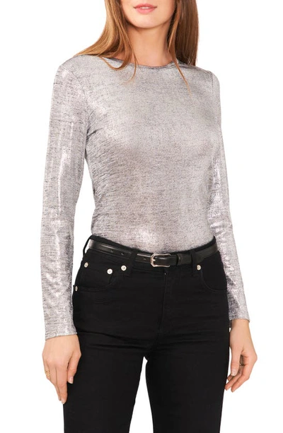 Vince Camuto Foil Crewneck Long Sleeve Top In Alloy