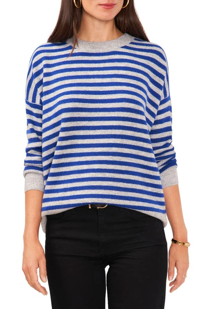 Vince Camuto Stripe Crewneck Sweater In Light Hthr Grey/ Cobalt Sea