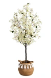 Nearly Natural 5ft Artificial Bougainvillea Tree With Handmade Tassel Basket In White