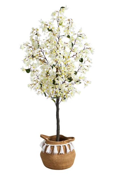 Nearly Natural 5ft Artificial Bougainvillea Tree With Handmade Tassel Basket In White