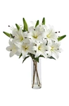 Nearly Natural 25in Artificial Lily Arrangement With Cylinder Glass Vase In White