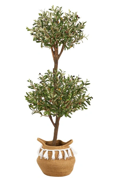 Nearly Natural 4.5ft Artificial Olive Double Topiary Tree With Handmade Tassel Basket In Green