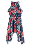 Ava & Yelly Kids' Floral Sleeveless Asymmetric Dress In Navy/ Red Multi