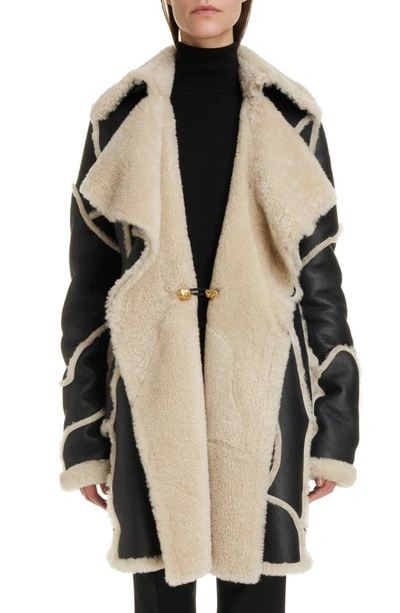 Chloé Long Leather Shearling Coat In Black & White 1