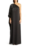 HALSTON CHAYA BEADED ONE-SHOULDER SATIN GOWN