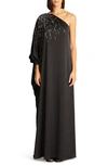 Halston Chaya Beaded One-shoulder Column Gown In Black