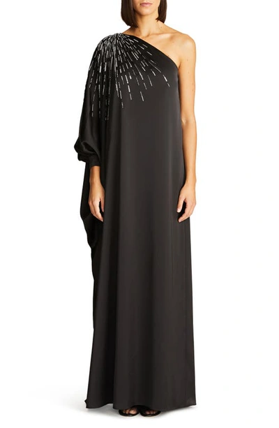 Halston Chaya Beaded One-shoulder Column Gown In Black