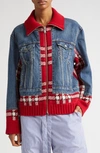 UNDERCOVER MIXED MEDIA RIGID DENIM & PLAID WOOL KNIT JACKET