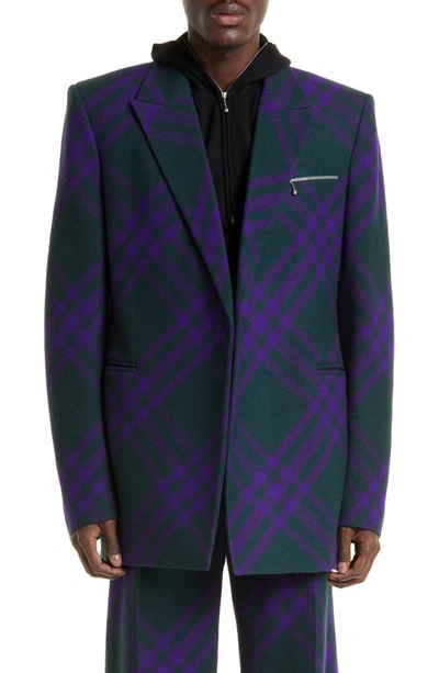Burberry Double-breasted Plaid Wool Blazer In Deep Royal