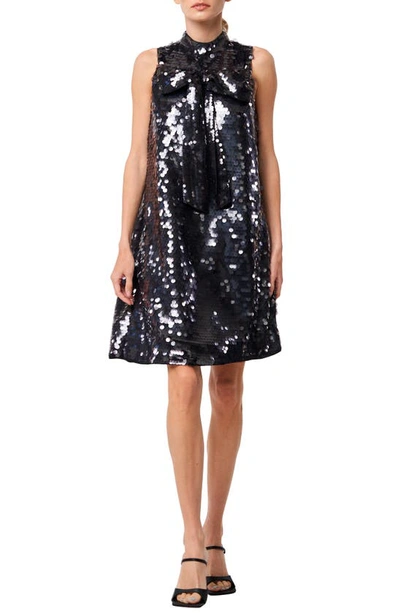 Ciebon Anita Bow Paillette Sequin Sleeveless Mini Shift Dress In Black