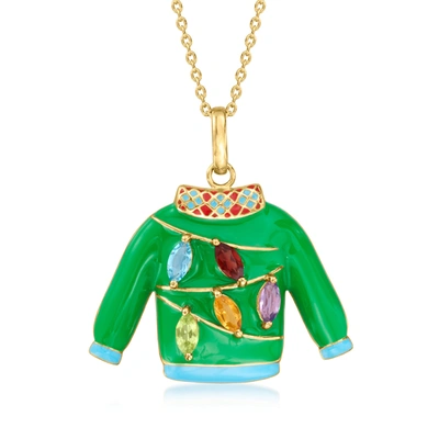 Ross-simons Multi-gemstone Christmas Sweater Pendant Necklace In 18kt Gold Over Sterling In Green