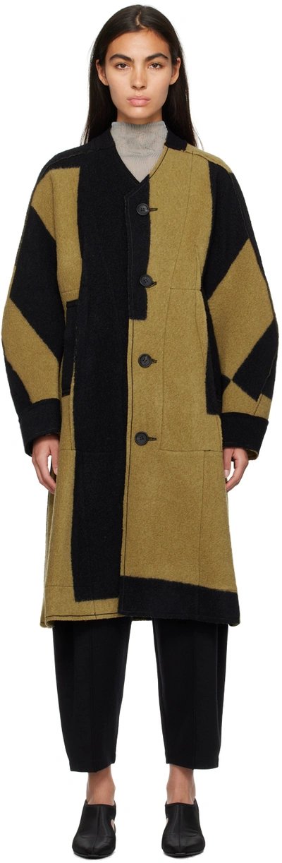 Issey Miyake Black & Beige Paneled Coat In 09-ocher X Black