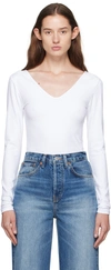Re/done V Neck Long Sleeve Bodysuit In White In White