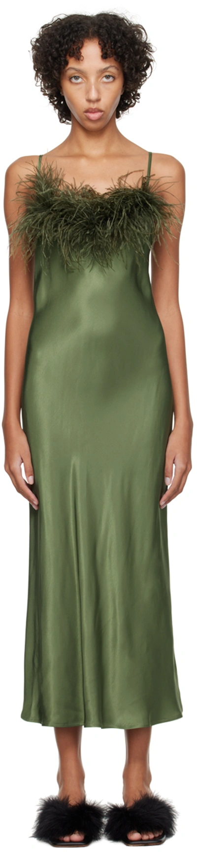 Sleeper Boheme Feather-trim Satin Midi Slip Dress In Green