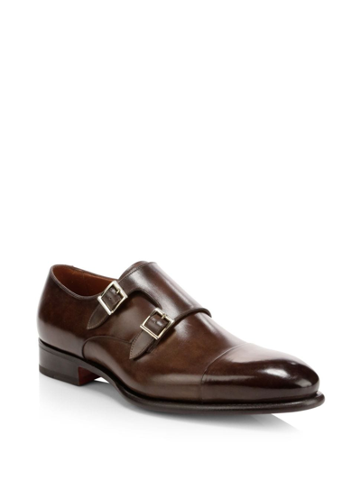 Santoni Men's Ira Double Monk Strap Leather Loafers In Medium Brown