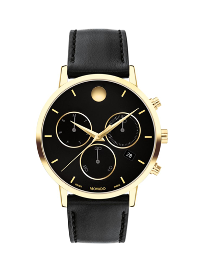Movado Men's Museum Classic Swiss Quartz Chronograph Black Leather Watch 42mm In Yellow Gold Black