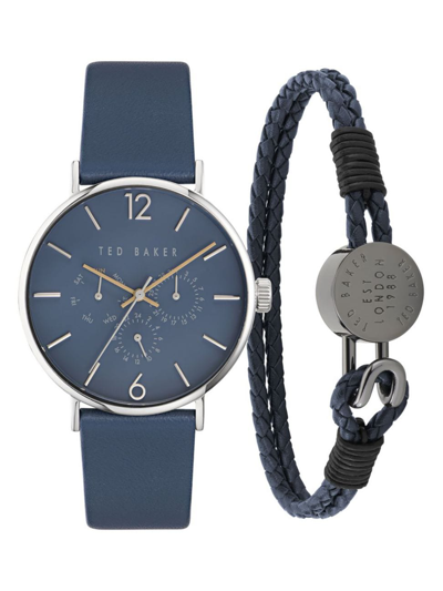 Ted Baker Men's Phylipa Gents Timeless Stainless Steel & Leather Chronograph Watch & Bracelet Gift Set In Blue