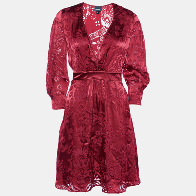 Pre-owned Just Cavalli Red Silk Devore Faux Wrap Mini Dress S