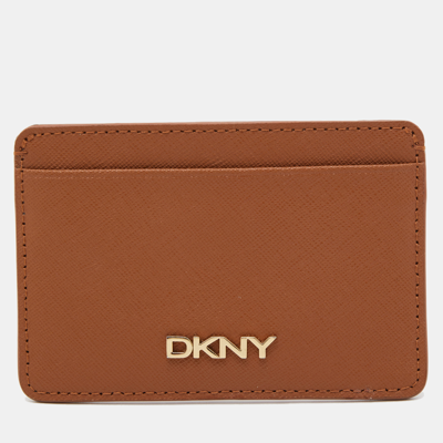 Pre-owned Dkny Tan Saffiano Leather Logo Card Holder