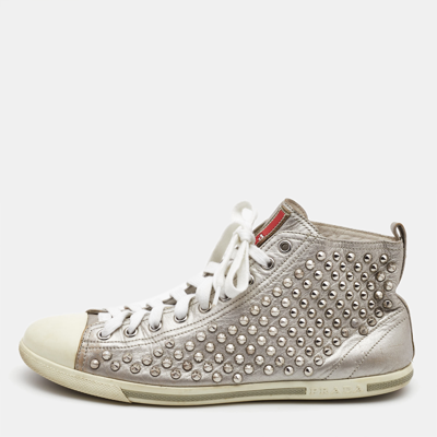 Pre-owned Prada Silver Leather Stud High Top Sneakers Size 40