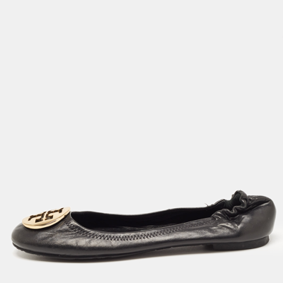 Pre-owned Tory Burch Black Leather Reva Pebbled Logo Ballet Flats Size 38.5