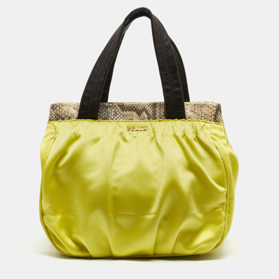 Pre-owned Furla Neon Yellow/brown Satin And Snakeskin Embossed Leather Tote