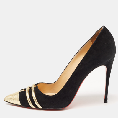 Pre-owned Christian Louboutin Black/gold Suede And Leather Front Double Pumps Size 38.5