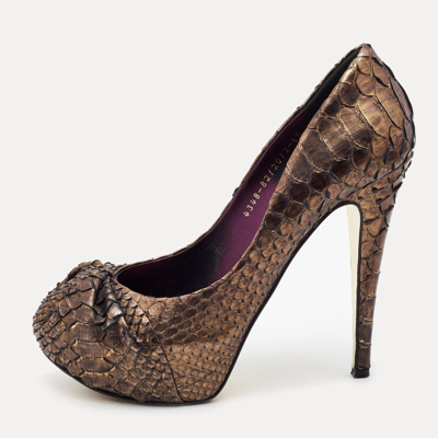 Pre-owned Gina Metallic Brown Python Elle Platform Pumps Size 39.5