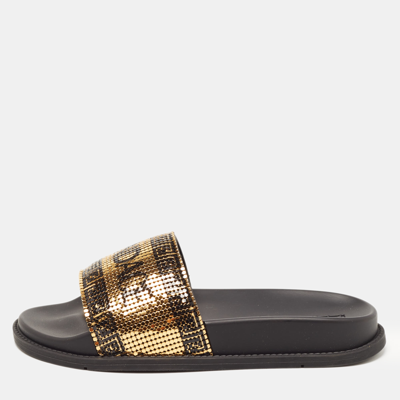 Pre-owned Fendi X Versace Gold/black Metal And Rubber Flat Slides Size 36