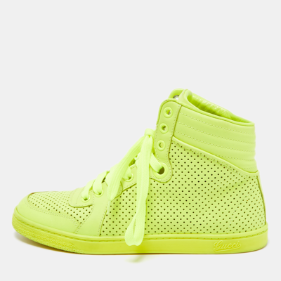 Pre-owned Gucci Neon Green Leather High Top Trainers Size 35.5