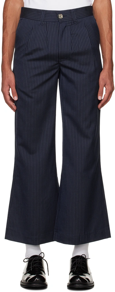 Glass Cypress Navy Pinstripe Trousers In Black