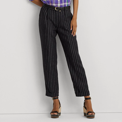 Lauren Ralph Lauren Pinstripe Pleated Linen Cropped Pant In Black/cream