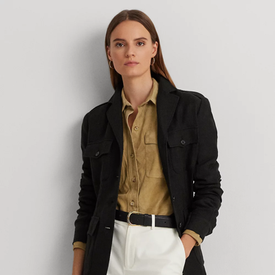 Lauren Ralph Lauren Belted Cotton-linen Herringbone Jacket In Black