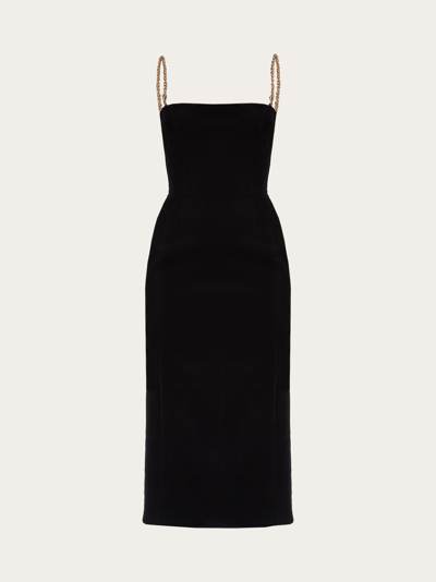 Ferragamo Sleeveless Chain-straps Velvet Midi Dress In Black