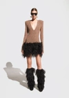 LAPOINTE METALLIC JERSEY DEEP V DRESS WITH FEATHERS