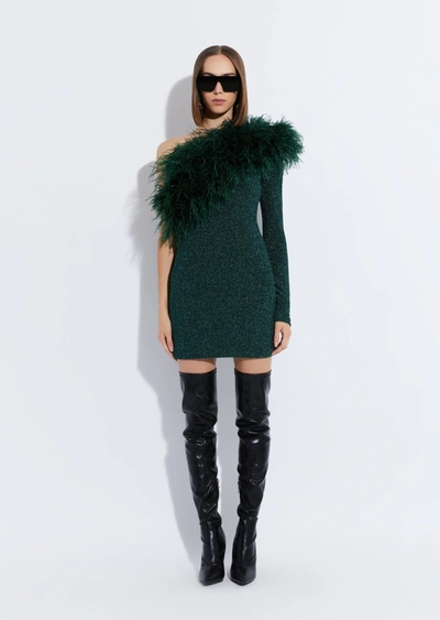 Lapointe Metallic Jersey One Shoulder Dress With Feathers In 10