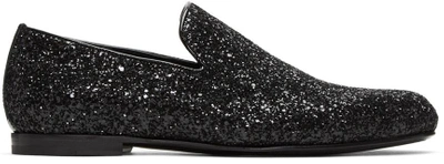 Jimmy Choo Sloane Black Coarse Glitter Fabric Slippers