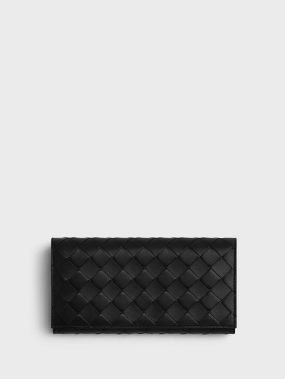 Bottega Veneta Intrecciato Large Flap Wallet In Black