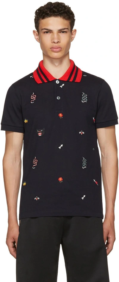 Gucci Kingsnake Floral Embroidered Polo Shirt In Ink Multi