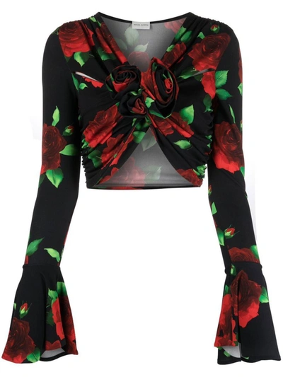 Magda Butrym Cropped Rose-print Twist-front Blouse In Black