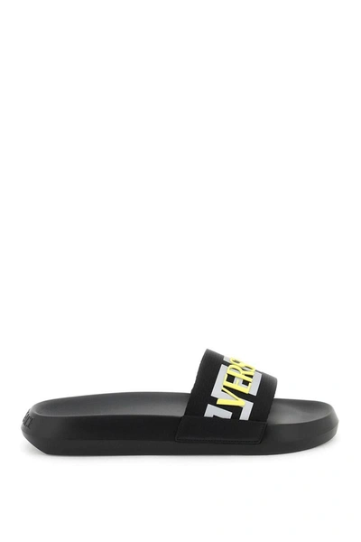 Versace La Greca Raised-logo Slides In Black