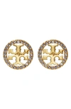 TORY BURCH CRYSTAL LOGO CIRCLE STUD EARRINGS