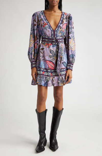 Farm Rio Wild Night Floral Print Long Sleeve Minidress In Lavender