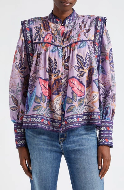 Farm Rio Wild Night Floral Print Woven Cotton Shirt In Purple