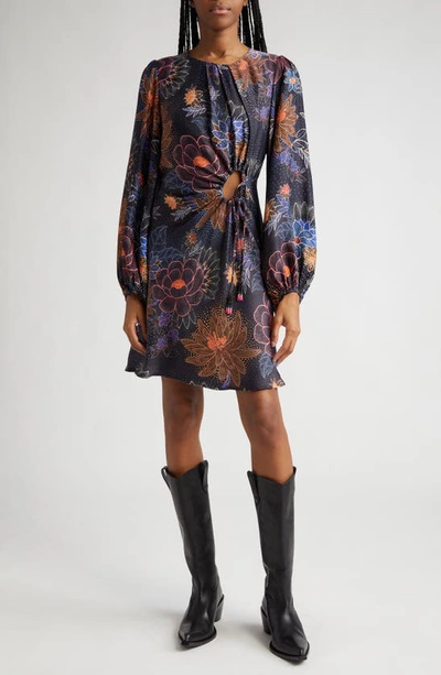 Farm Rio Sparkle Flowers Long Sleeve Minidress In Sparkle Flowers Black