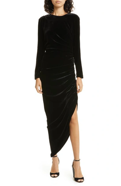 Veronica Beard Tristana Ruched Velvet Asymmetric Midi Dress In Black